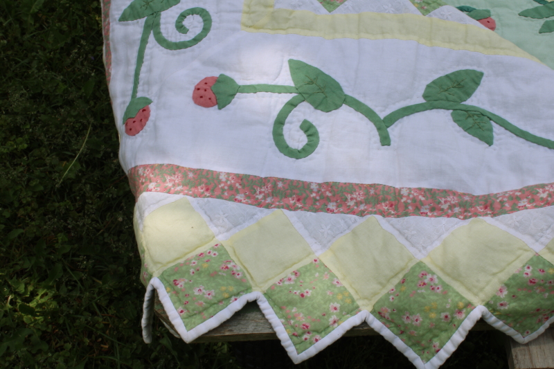 photo of vintage strawberry garden cotton applique quilt queen size w/ pillow shams, country cottage style  #10