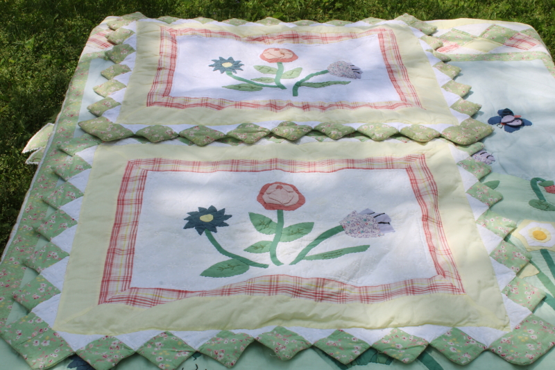 photo of vintage strawberry garden cotton applique quilt queen size w/ pillow shams, country cottage style  #12