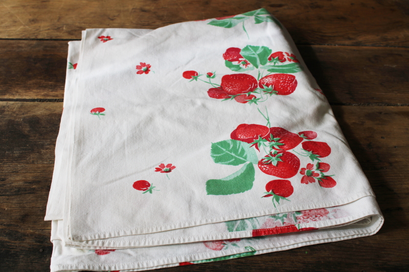 photo of vintage strawberry print cotton tablecloth for upcycle fabric or retro kitchen #1