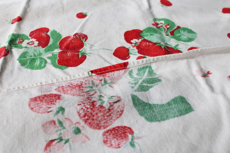 photo of vintage strawberry print cotton tablecloth for upcycle fabric or retro kitchen #2