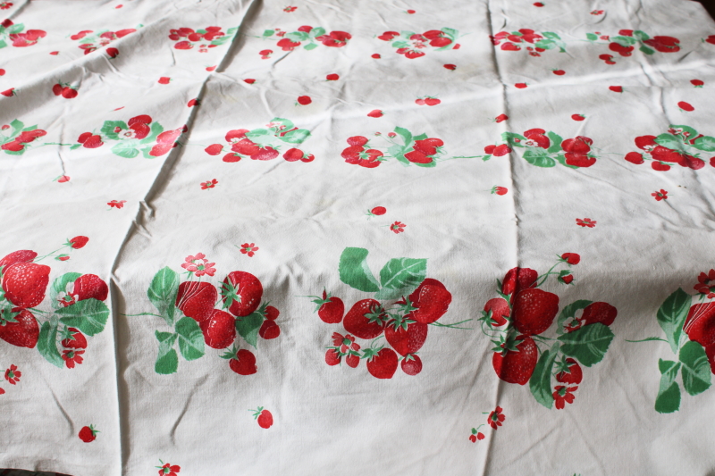 photo of vintage strawberry print cotton tablecloth for upcycle fabric or retro kitchen #3