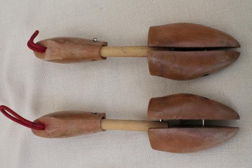 photo of vintage stretchers for shoes, wooden shoe forms, pair of old wood feet shoe trees #2