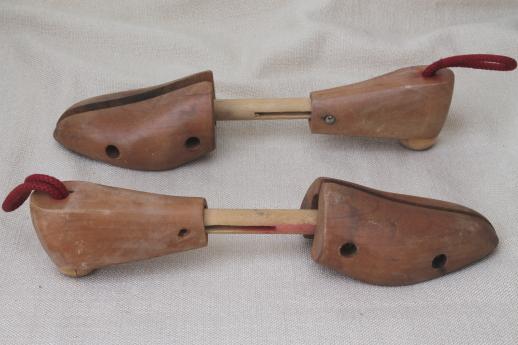 photo of vintage stretchers for shoes, wooden shoe forms, pair of old wood feet shoe trees #3