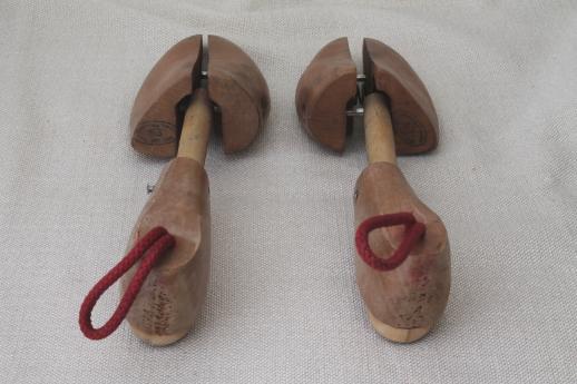 photo of vintage stretchers for shoes, wooden shoe forms, pair of old wood feet shoe trees #4