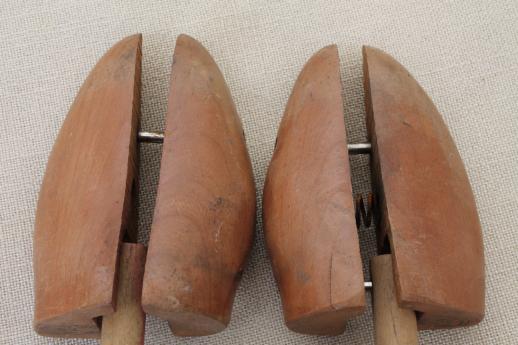 photo of vintage stretchers for shoes, wooden shoe forms, pair of old wood feet shoe trees #5