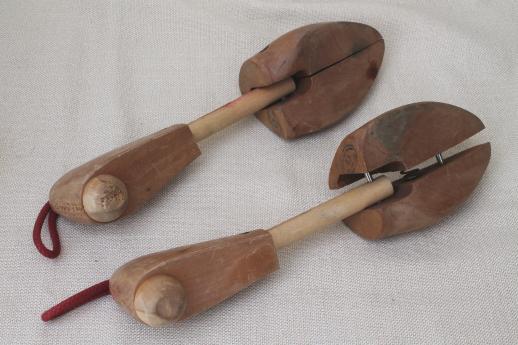 photo of vintage stretchers for shoes, wooden shoe forms, pair of old wood feet shoe trees #6