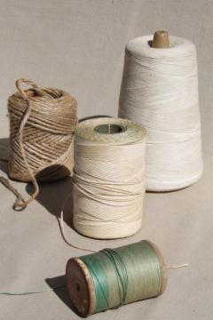 catalog photo of vintage string collection - rustic old wood spool of cord thread, cotton twine etc.