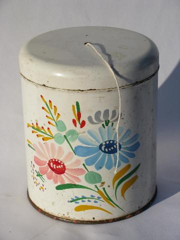 photo of vintage string holder, old Ransburg hand-painted toleware kitchen canister #1