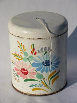 catalog photo of vintage string holder, old Ransburg hand-painted toleware kitchen canister