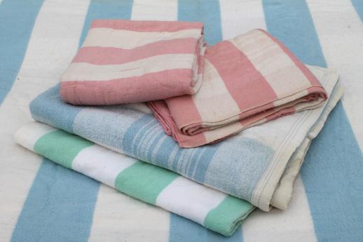 photo of vintage striped cotton flannel blankets, shabby cottage / camp blanket lot #1