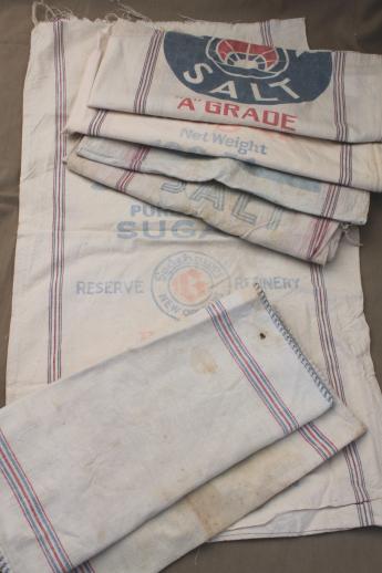 photo of vintage striped cotton sugar & salt sacks w/ old printed graphics, antique sack fabric #1