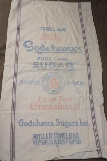 photo of vintage striped cotton sugar & salt sacks w/ old printed graphics, antique sack fabric #6