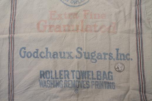 photo of vintage striped cotton sugar & salt sacks w/ old printed graphics, antique sack fabric #7