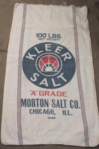 photo of vintage striped cotton sugar & salt sacks w/ old printed graphics, antique sack fabric #8