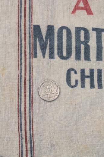 photo of vintage striped cotton sugar & salt sacks w/ old printed graphics, antique sack fabric #9