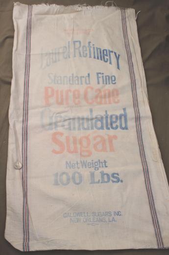 photo of vintage striped cotton sugar & salt sacks w/ old printed graphics, antique sack fabric #10