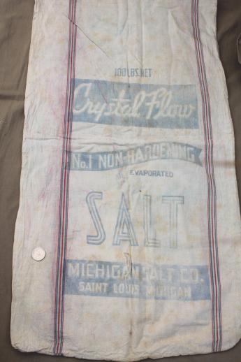 photo of vintage striped cotton sugar & salt sacks w/ old printed graphics, antique sack fabric #12