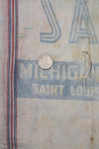 photo of vintage striped cotton sugar & salt sacks w/ old printed graphics, antique sack fabric #13