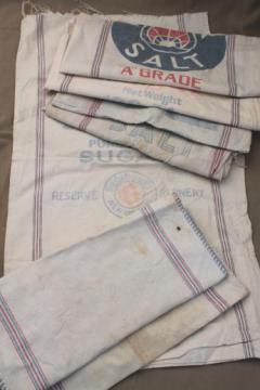 catalog photo of vintage striped cotton sugar & salt sacks w/ old printed graphics, antique sack fabric