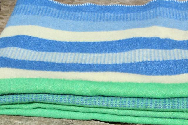 photo of vintage striped wool camp blanket, summer cottage beach colors blue & mint green #1