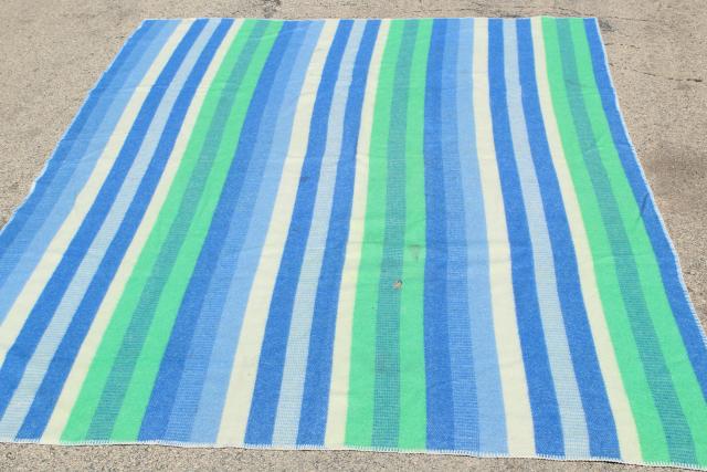 photo of vintage striped wool camp blanket, summer cottage beach colors blue & mint green #2