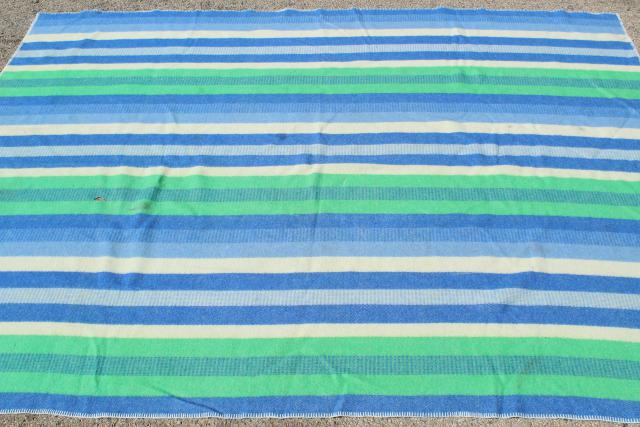 photo of vintage striped wool camp blanket, summer cottage beach colors blue & mint green #3
