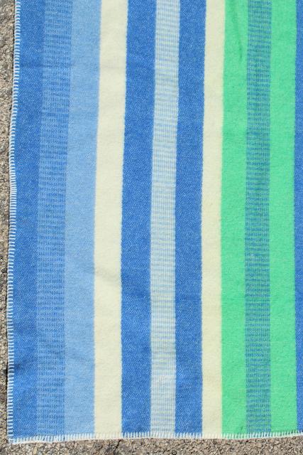 photo of vintage striped wool camp blanket, summer cottage beach colors blue & mint green #5