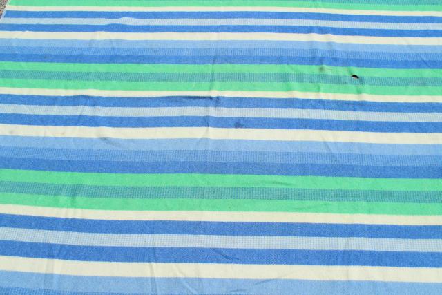 photo of vintage striped wool camp blanket, summer cottage beach colors blue & mint green #7