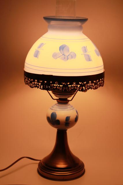photo of vintage student lamp w/ hand painted blue & white milk glass shade, farmhouse kitchen parlor lamp #2