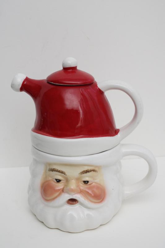 photo of vintage style Christmas teapot & cup for one, Santa face mug w/ red hat pot on head #1