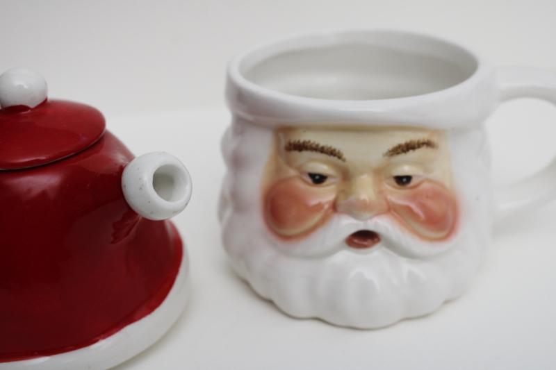 photo of vintage style Christmas teapot & cup for one, Santa face mug w/ red hat pot on head #6