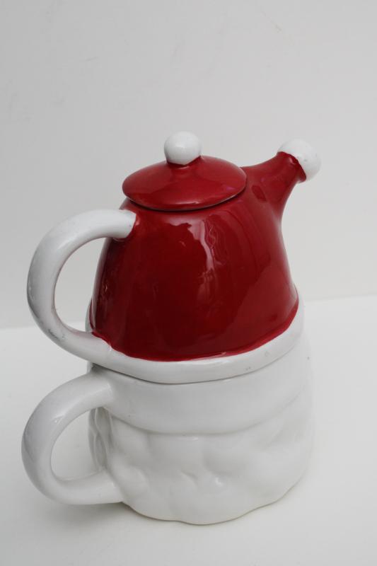 photo of vintage style Christmas teapot & cup for one, Santa face mug w/ red hat pot on head #7