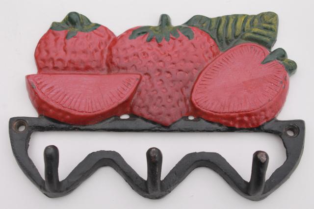 photo of vintage style new cast iron wall mount hooks, red painted strawberries for a country kitchen #4