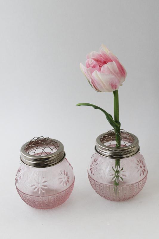 photo of vintage style pressed glass vases w/ jar lid flower frogs, modern depression pink glass #1