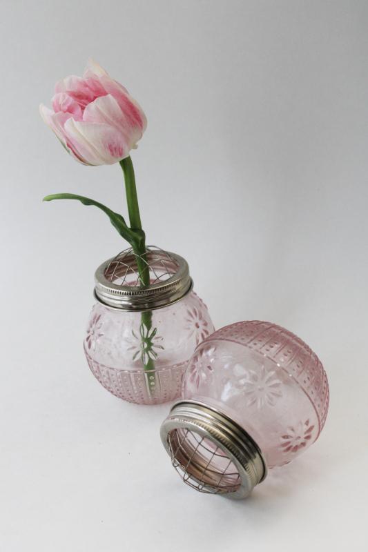 photo of vintage style pressed glass vases w/ jar lid flower frogs, modern depression pink glass #2