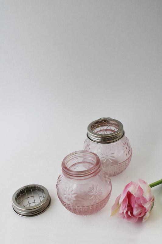 photo of vintage style pressed glass vases w/ jar lid flower frogs, modern depression pink glass #3