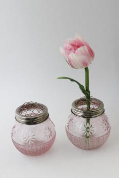 catalog photo of vintage style pressed glass vases w/ jar lid flower frogs, modern depression pink glass