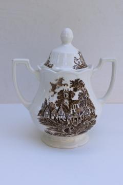 catalog photo of vintage sugar bowl Stratford Stage Victorian horse & coach scene brown transferware china 