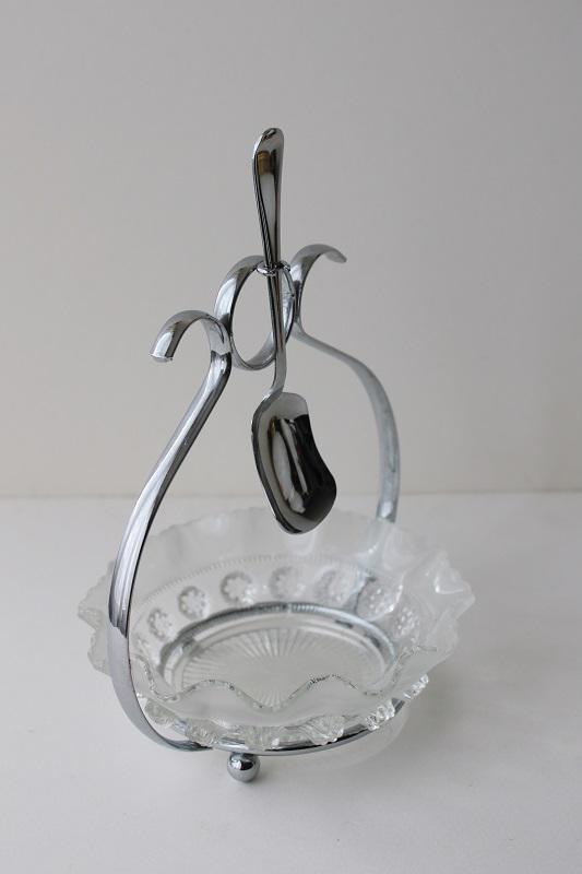 photo of vintage sugar cube server, rosette pattern glass dish w/ silver chrome stand & spoon #1