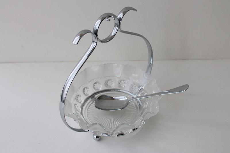 photo of vintage sugar cube server, rosette pattern glass dish w/ silver chrome stand & spoon #4