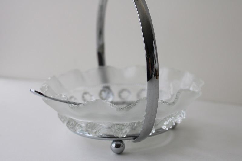 photo of vintage sugar cube server, rosette pattern glass dish w/ silver chrome stand & spoon #5