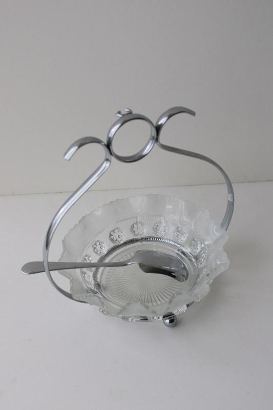 photo of vintage sugar cube server, rosette pattern glass dish w/ silver chrome stand & spoon #6