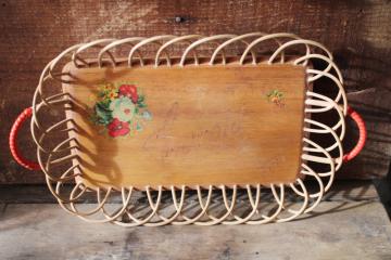 catalog photo of vintage summer camp arts & crafts wood tray w/ reed border, rustic decor