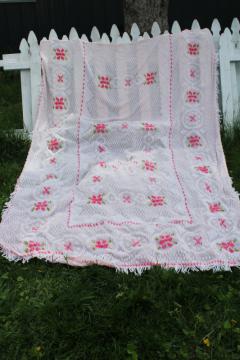 vintage summer weight chenille bedspread, sheer poly cotton, girly cottage roses