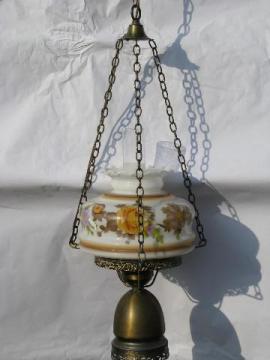 catalog photo of vintage swag lamp, golden roses painted glass shade hanging light for cabin or cottage