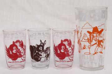 catalog photo of vintage swanky swigs jelly glasses, baby animals juice tumblers & tall cowboy drinking glass