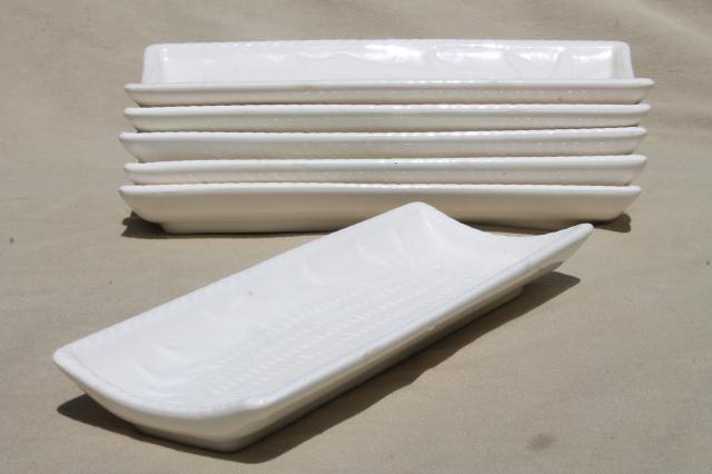 photo of vintage sweet corn plates set, glossy white earthenware ceramic trays for corn on the cob #1