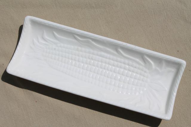photo of vintage sweet corn plates set, glossy white earthenware ceramic trays for corn on the cob #2