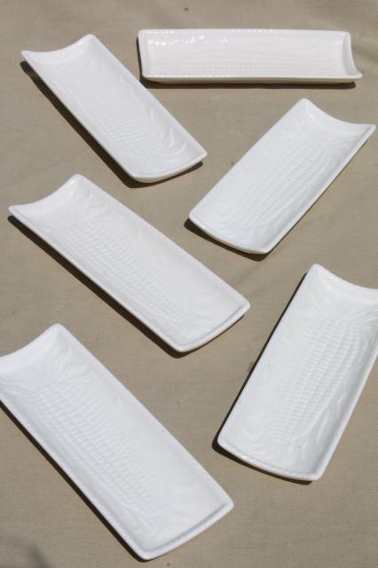 photo of vintage sweet corn plates set, glossy white earthenware ceramic trays for corn on the cob #3