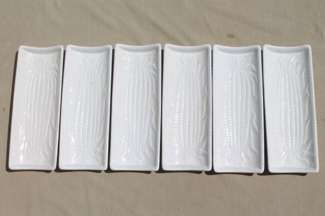 photo of vintage sweet corn plates set, glossy white earthenware ceramic trays for corn on the cob #4